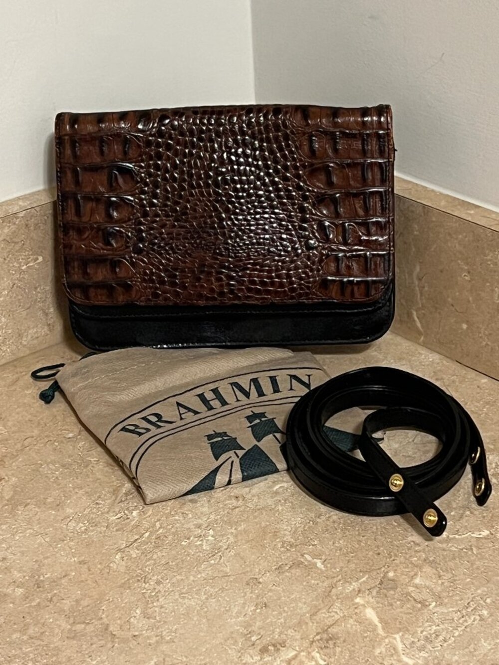 Brahmin Vintage Tina Black Tuscan Crossbody/Wallet Shoulder w/ Dust Bag